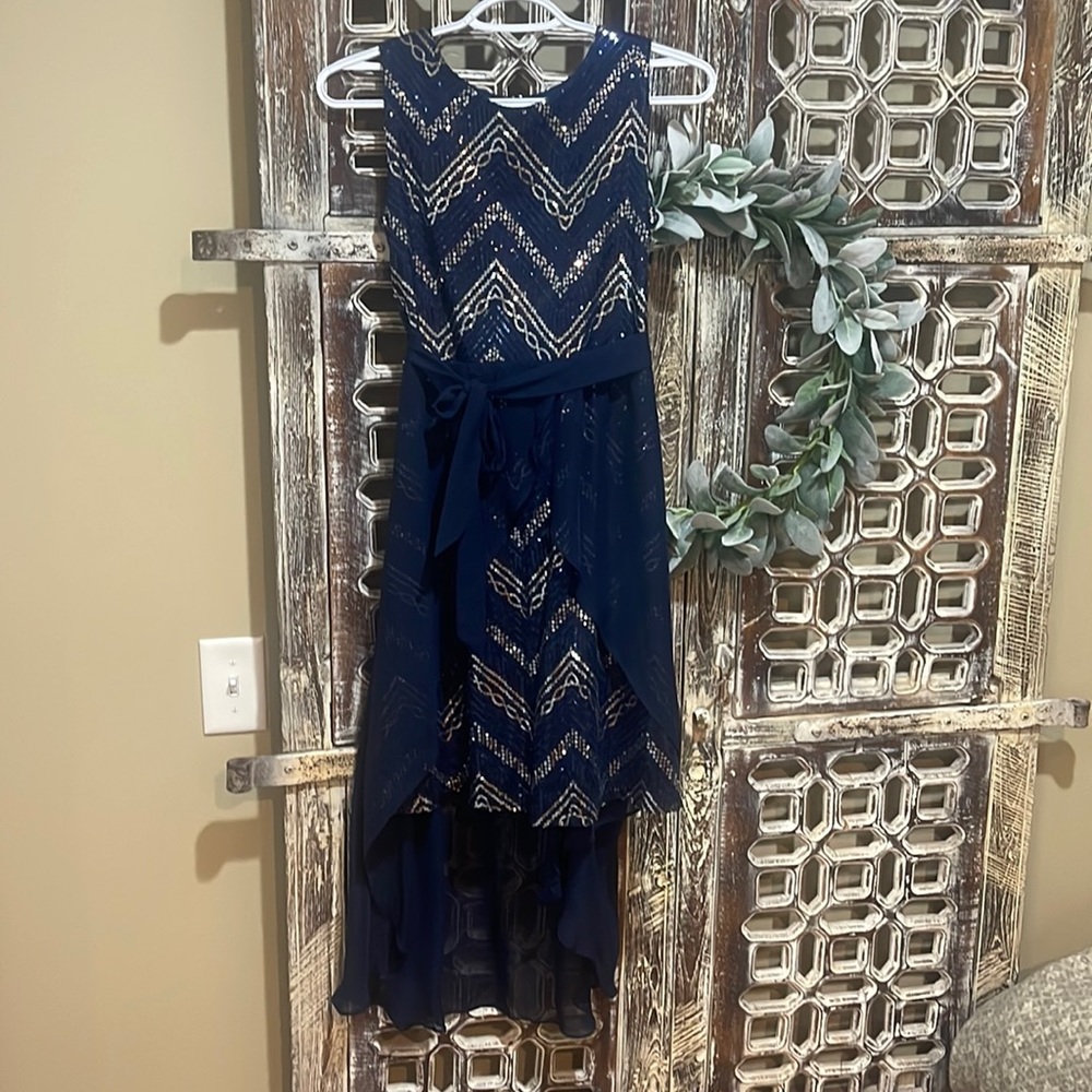 EUC beautiful navy blue dress with sequins and chiffon train.